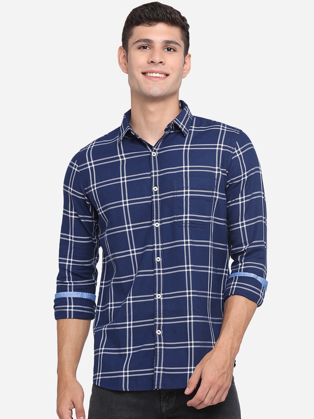 

JADE BLUE Men Navy Blue Classic Slim Fit Opaque Checked Pure Cotton Casual Shirt