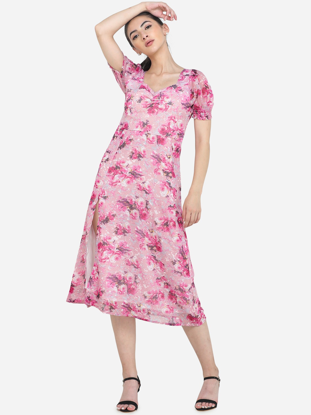 

DECHEN Women Pink Floral Midi Dress