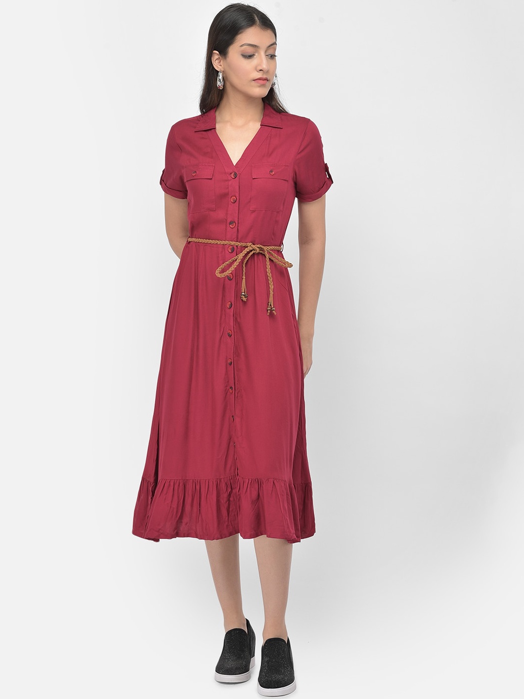 

Latin Quarters Women Maroon Belted Shirt Midi Dress