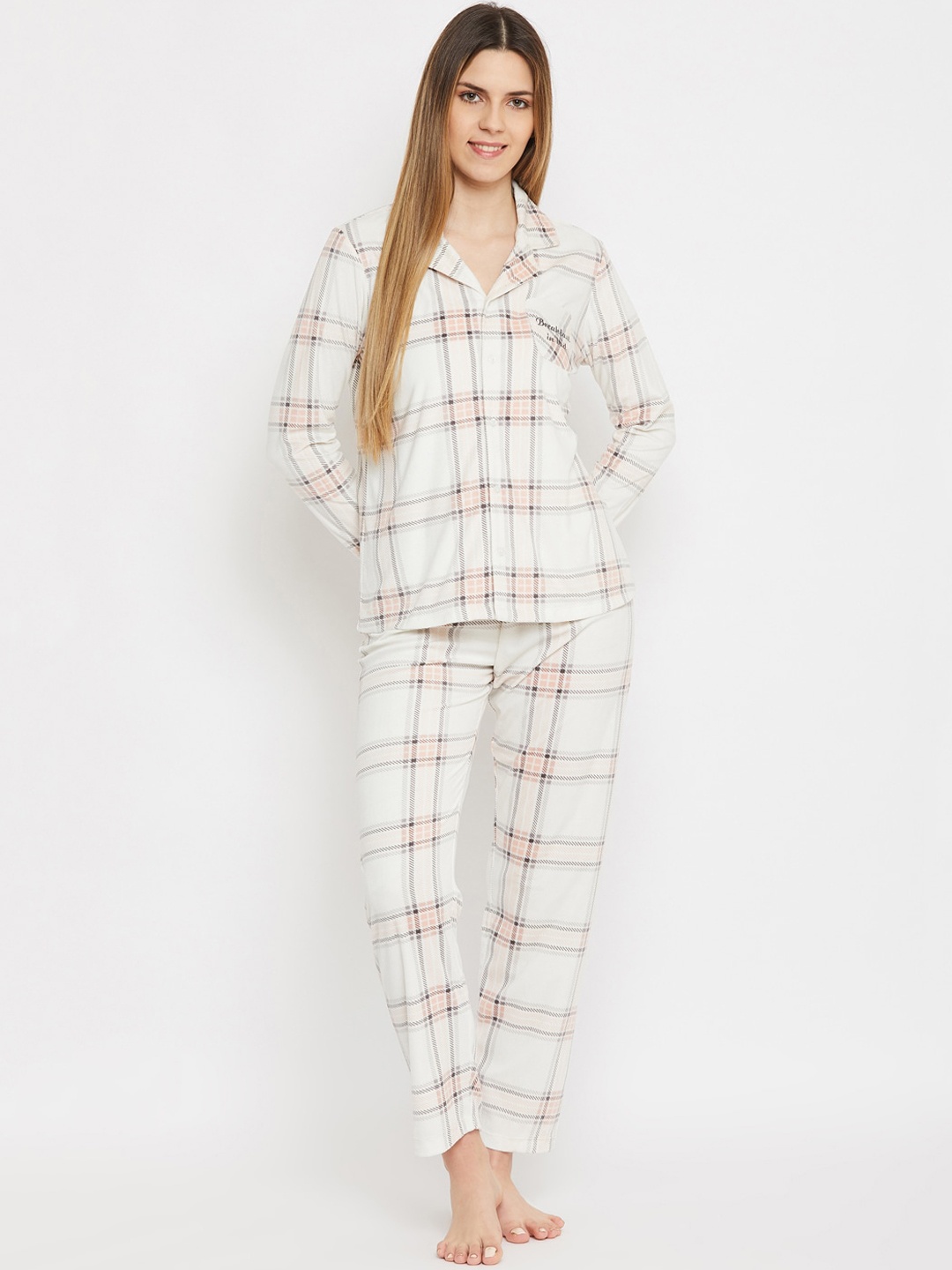 

MADAME M SECRET Women Off White & Pink Checked Night suit
