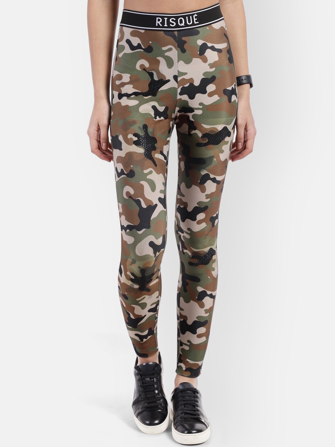 

R26 Women Olive Green & Black Camouflage Printed Leggings