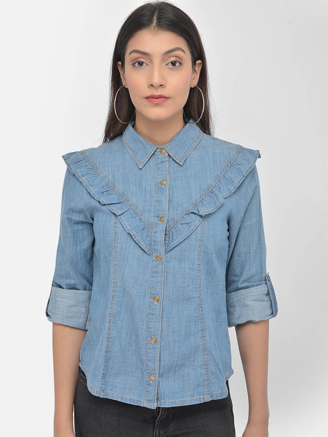 

Latin Quarters Women Blue Denim Ruffle Casual Shirt