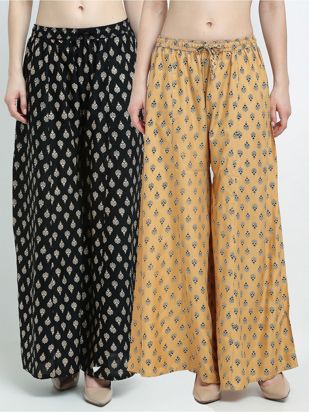 

GRACIT Women Pack of 2 Black & Beige Printed Flared Palazzos