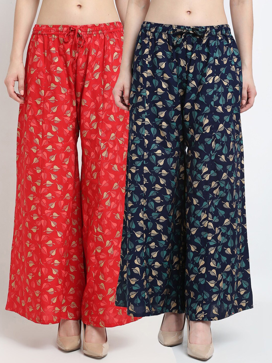 

GRACIT Women Red & Navy Blue Pack of 2 Floral Printed Flared Knitted Palazzos