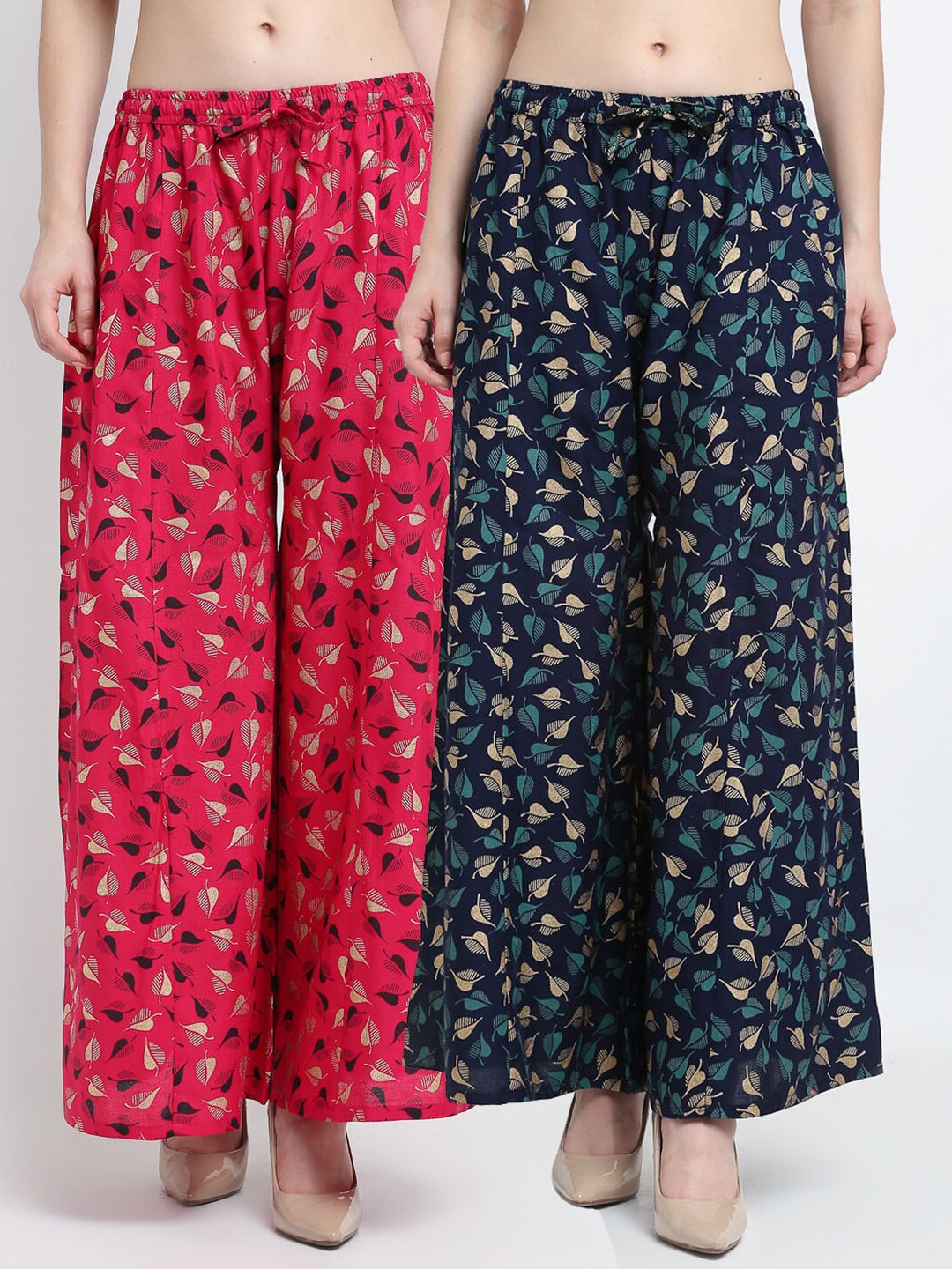 

GRACIT Women Pink & Blue 2 Floral Printed Flared Knitted Palazzos