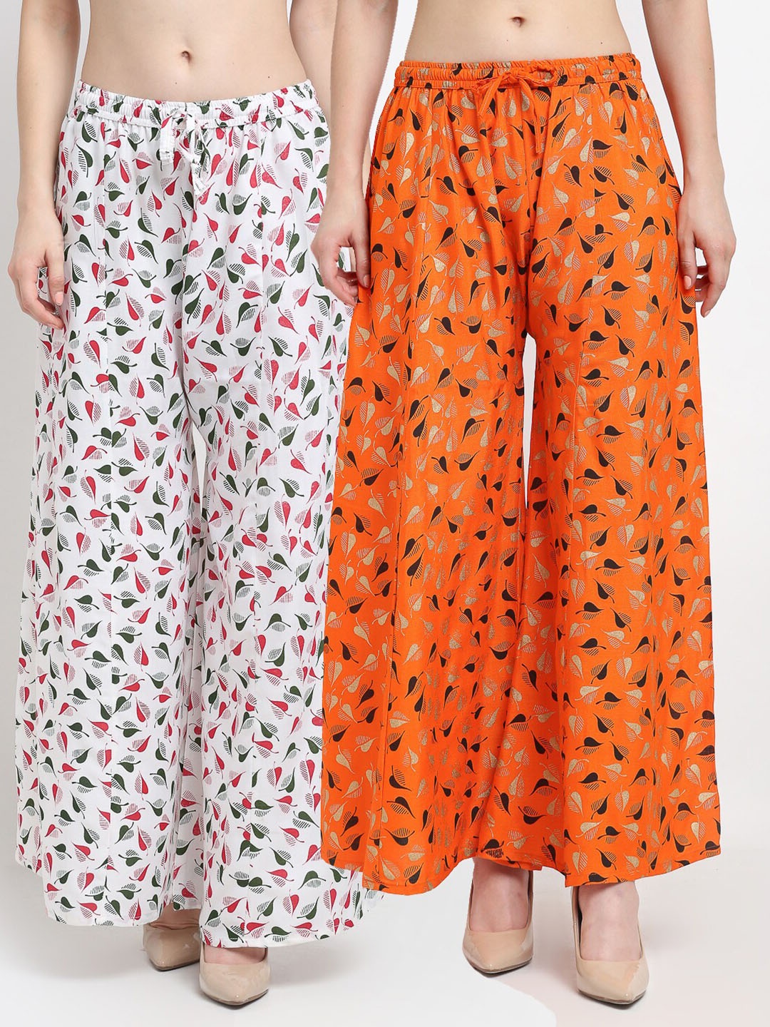 

GRACIT Women Set of 2 White & Orange Printed Rayon Palazzo