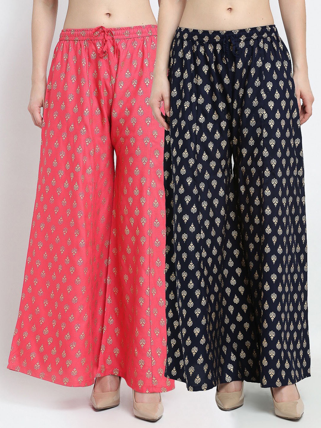 

GRACIT Women Pink & Navy Blue 2 Floral Printed Flared Knitted Ethnic Palazzos