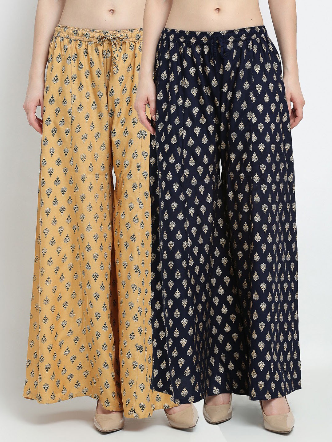 

GRACIT Women Pack of 2 Floral Printed Flared Knitted Ethnic Palazzos, Beige