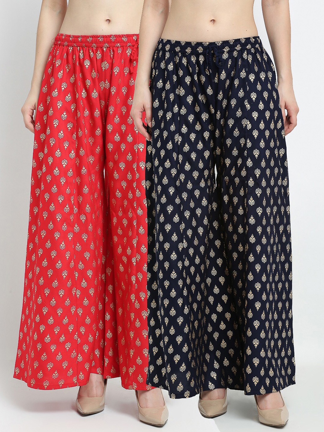 

GRACIT Women Pack of 2 Red & Navy Blue Printed Flared Palazzos
