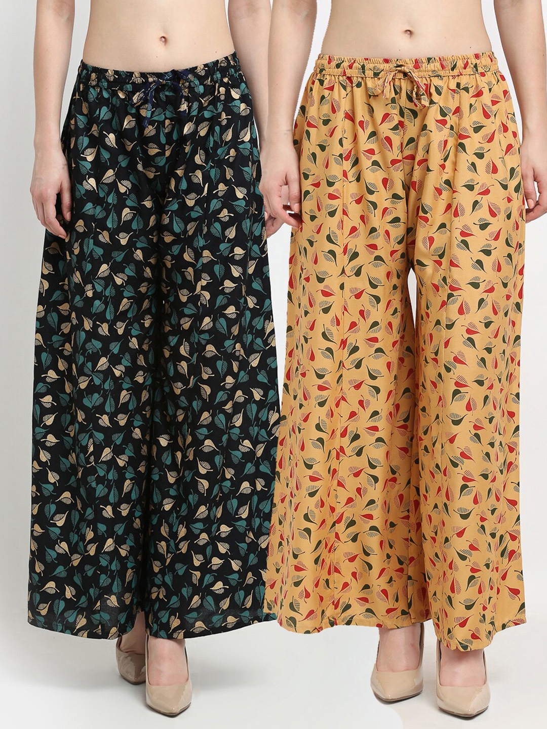 

GRACIT Women Pack of 2 Printed Flared Knitted Ethnic Palazzos, Black