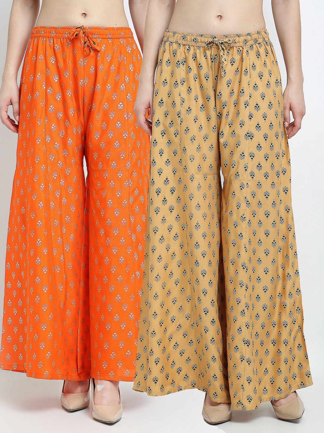 

GRACIT Women Orange & Beige Set of 2 Printed Knitted Palazzos