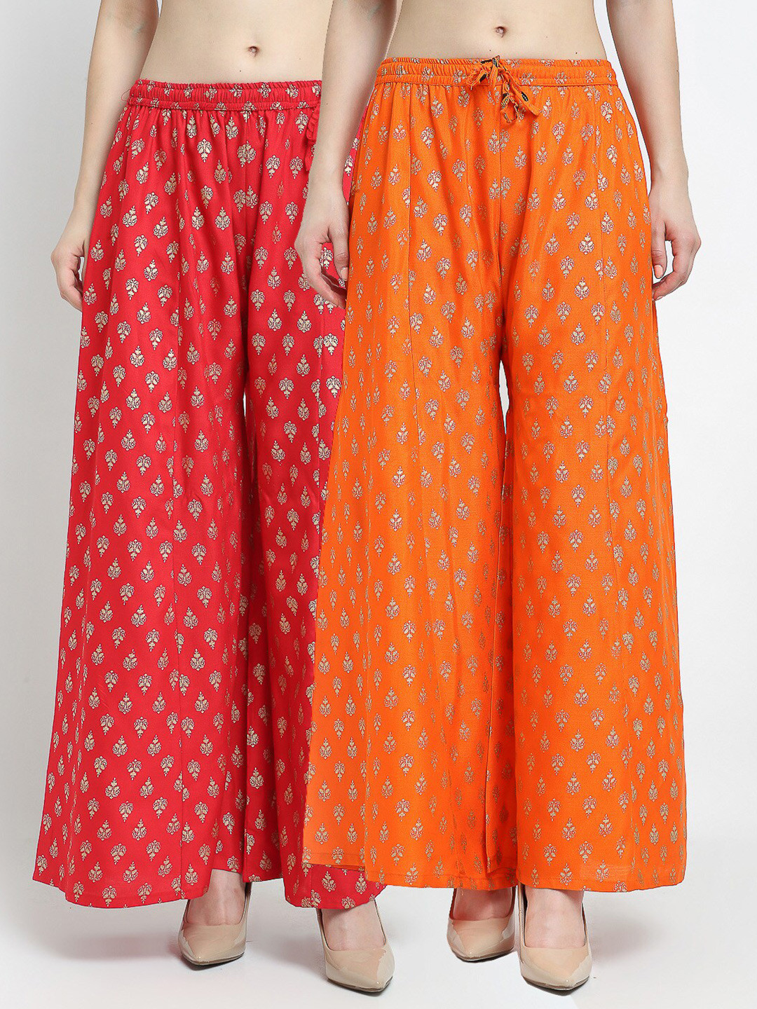 

GRACIT Women Pack Of 2 Red & Orange Ethnic Motifs Printed Flared Palazzos
