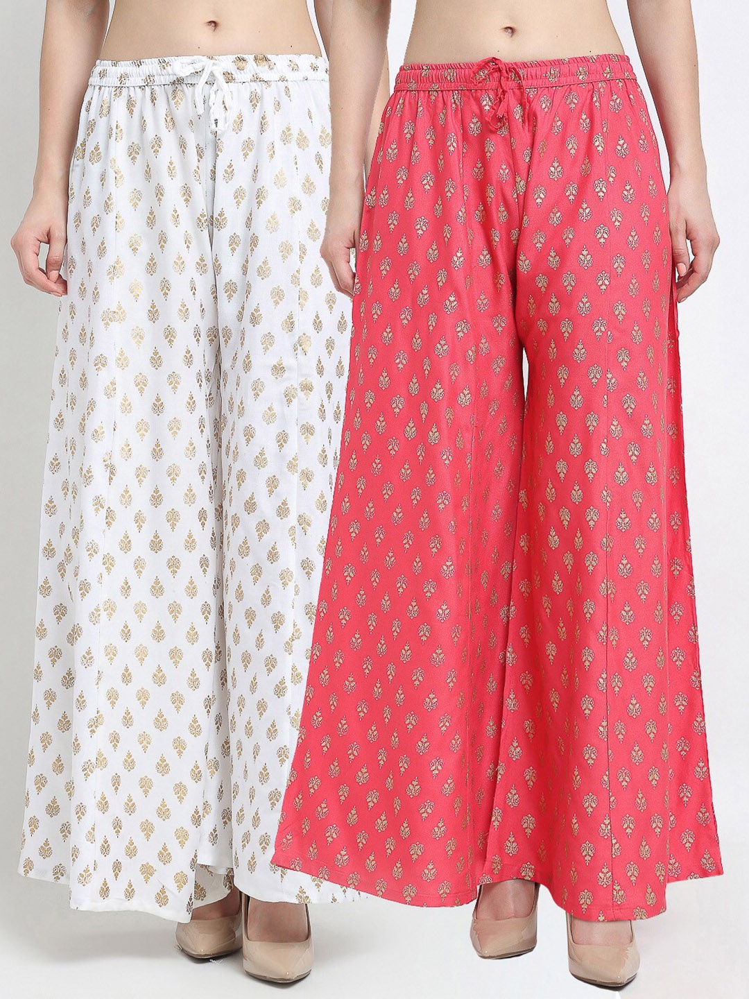 

GRACIT Women Set of 2 White & Pink Printed Rayon Palazzos