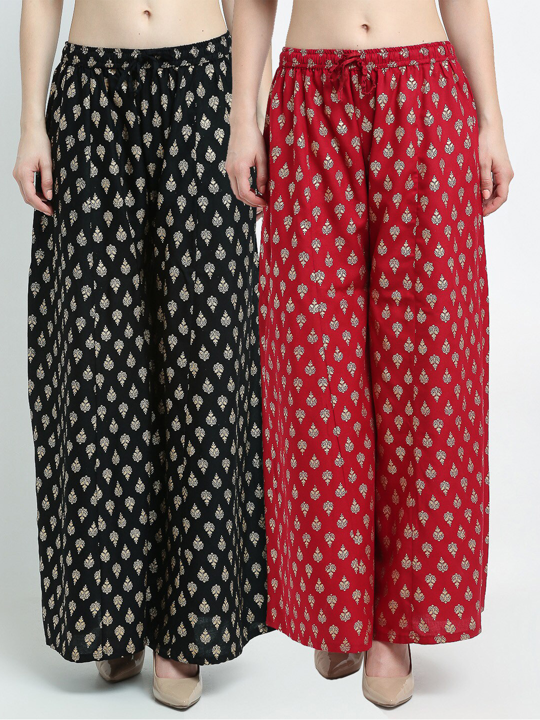 

GRACIT Women Pack Of 2 Black & Maroon Ethnic Motifs Printed Flared Palazzos