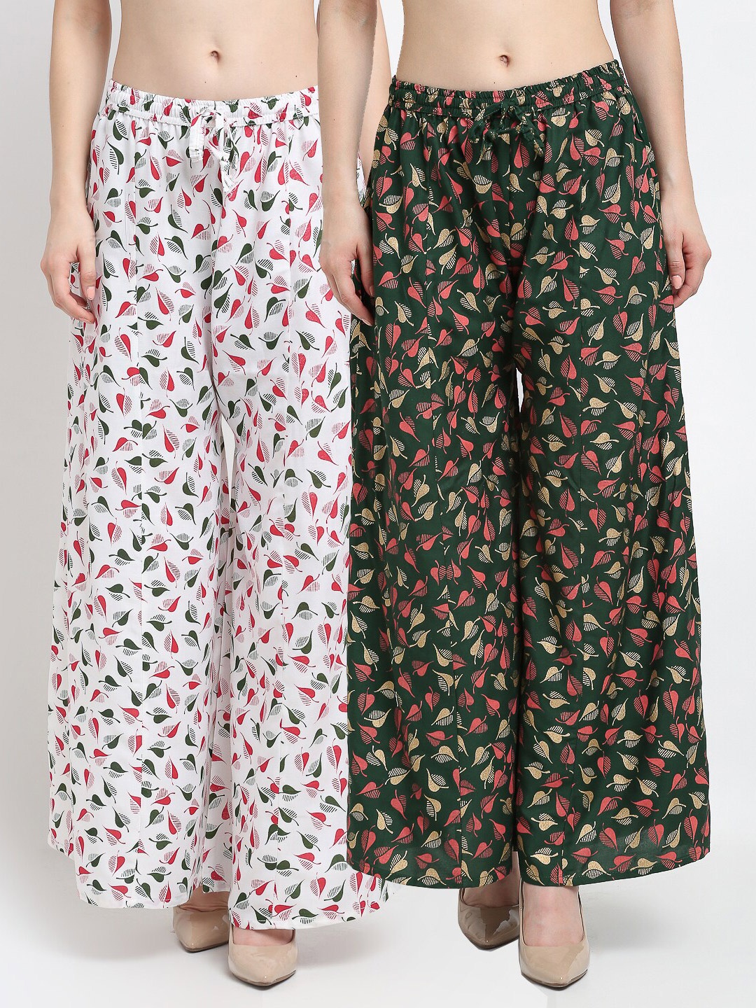 

GRACIT Women Pack of 2 Floral Printed Flared Knitted Palazzos, White