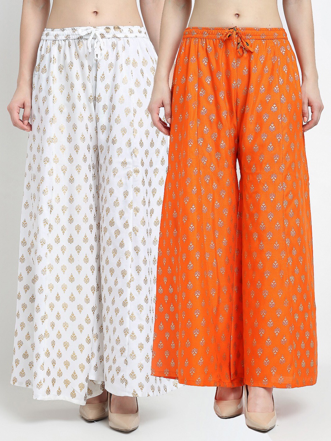 

GRACIT Women Pack Of 2 White & Orange Floral Printed Flared Knitted Ethnic Palazzos