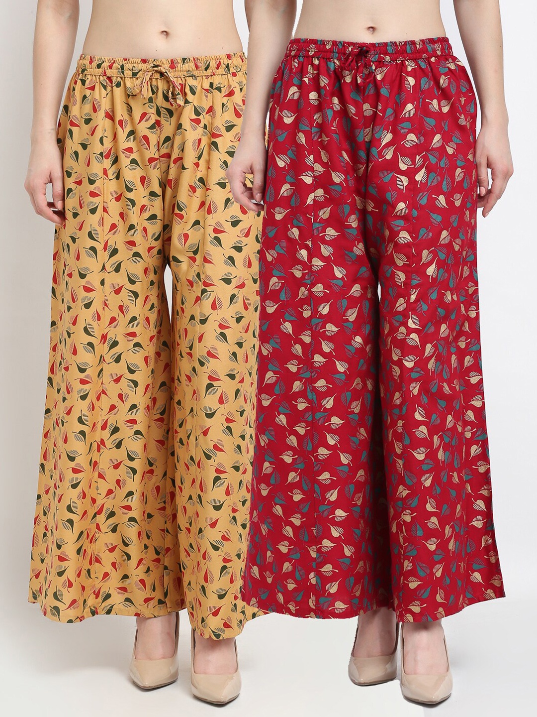 

GRACIT Women Beige & Red Set of 2 Printed Knitted Palazzos