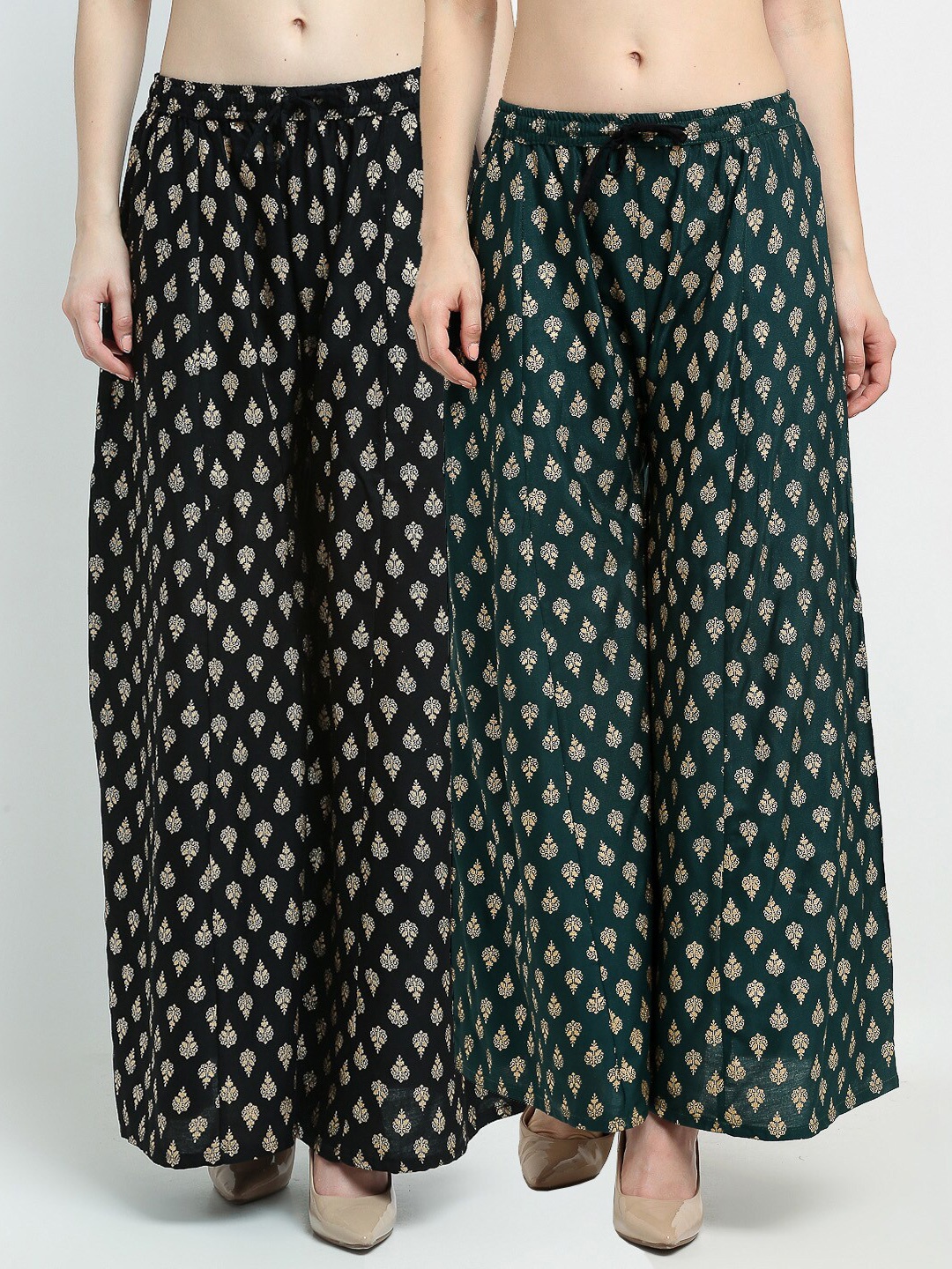 

GRACIT Women Black & Navy Blue 2 Floral Printed Flared Knitted Ethnic Palazzos