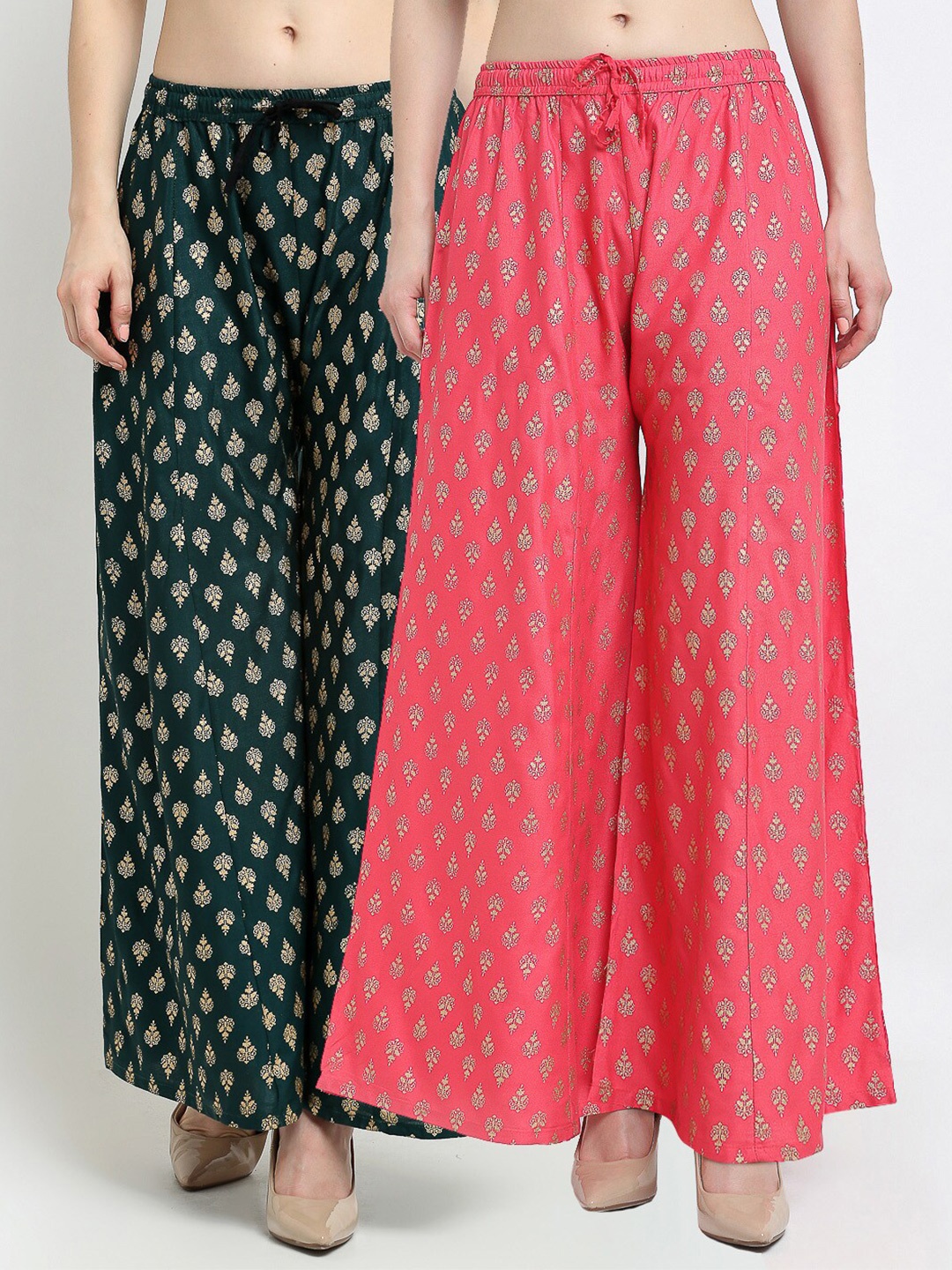 

GRACIT Women Green & Pink Pack of 2 Floral Printed Flared Knitted Palazzos