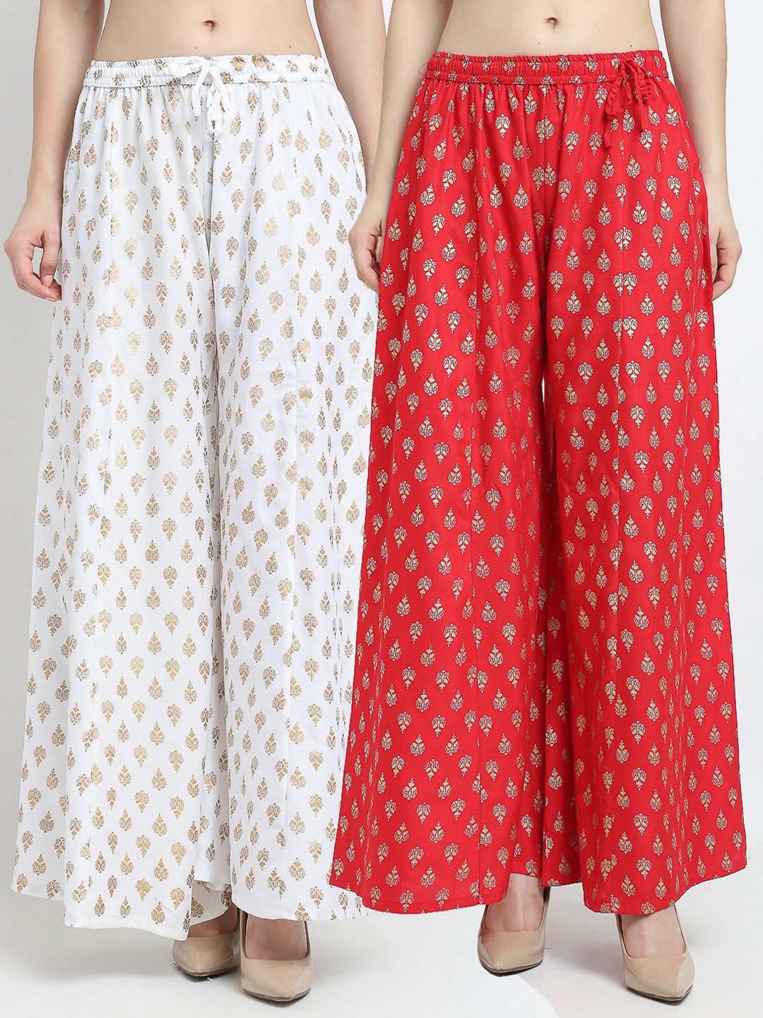 

GRACIT Women White & Red Pack of 2 Floral Printed Flared Knitted Palazzos