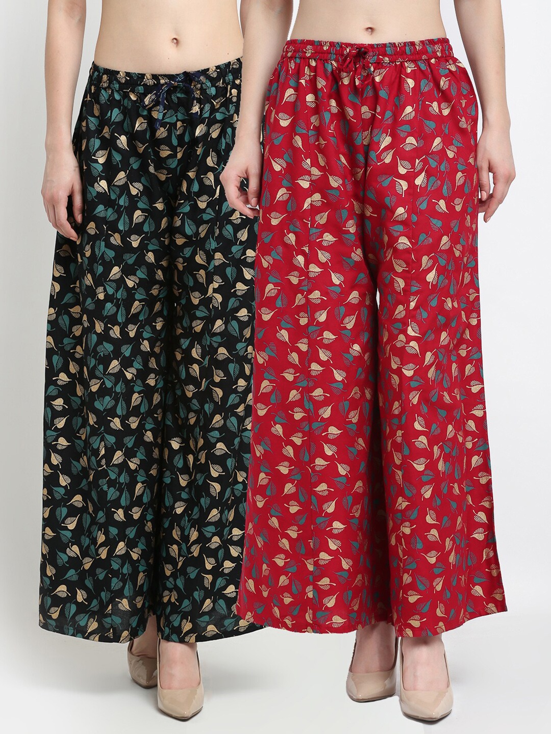 

GRACIT Women Pack Of 2 Black & Red Floral Printed Flared Knitted Ethnic Palazzos