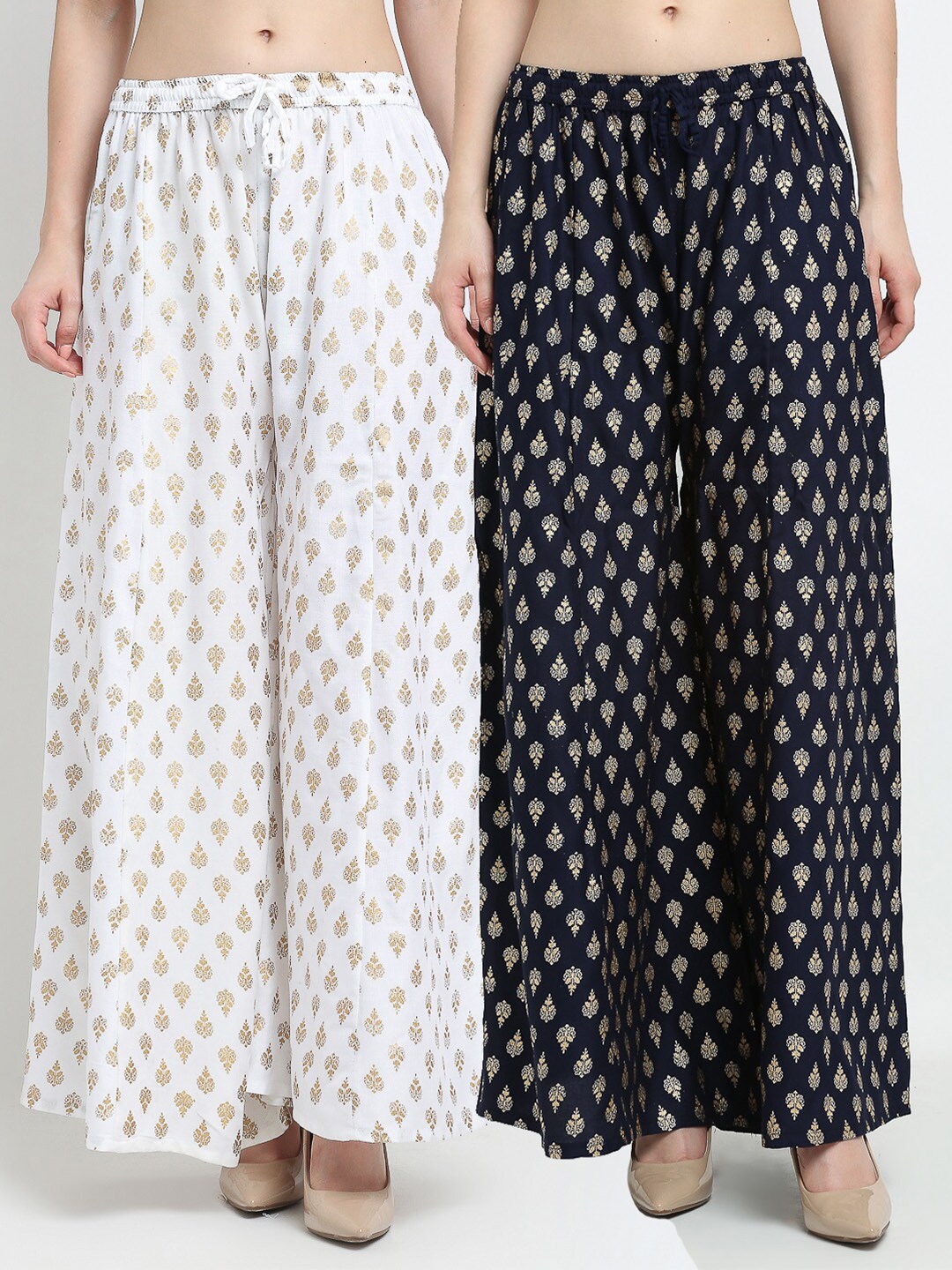 

GRACIT Women Pack of 2 Ethnic Motifs Printed Flared Knitted Palazzos, White