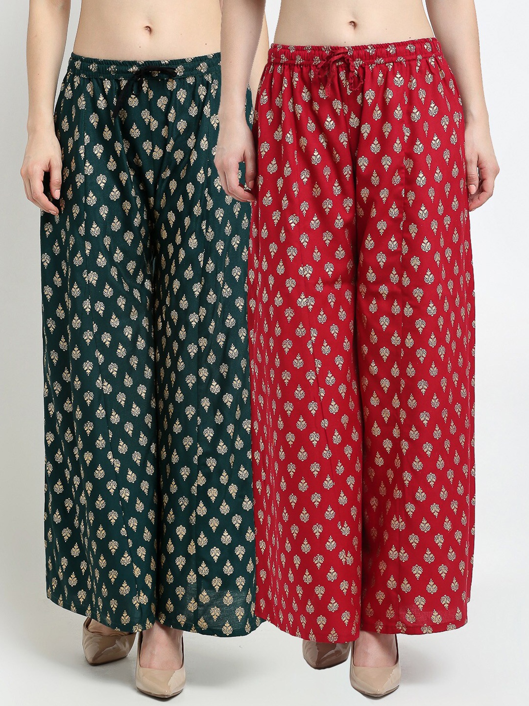

GRACIT Women Green & Red Pack of 2 Floral Printed Flared Knitted Ethnic Palazzos