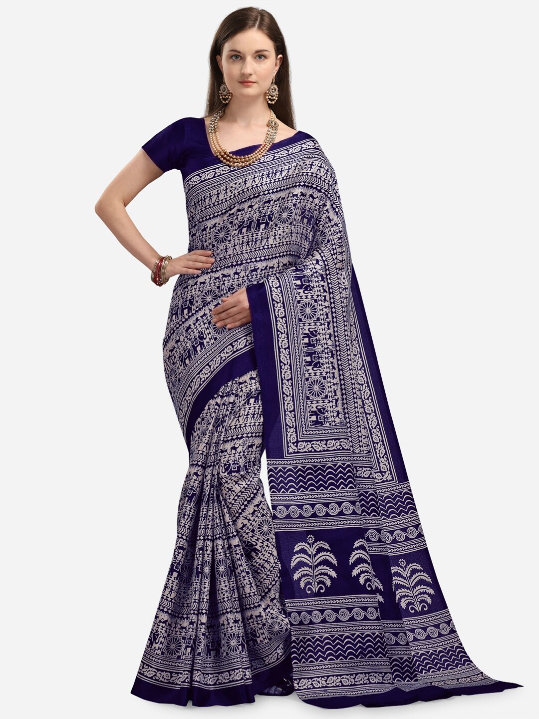 

KALINI Navy Blue & Off White Ethnic Motifs Silk Blend Fusion Khadi Saree