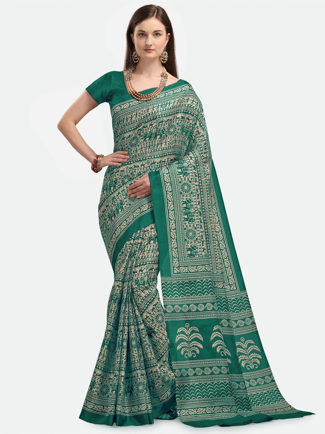 

KALINI Green & Beige Ethnic Motifs Silk Blend Fusion Khadi Saree