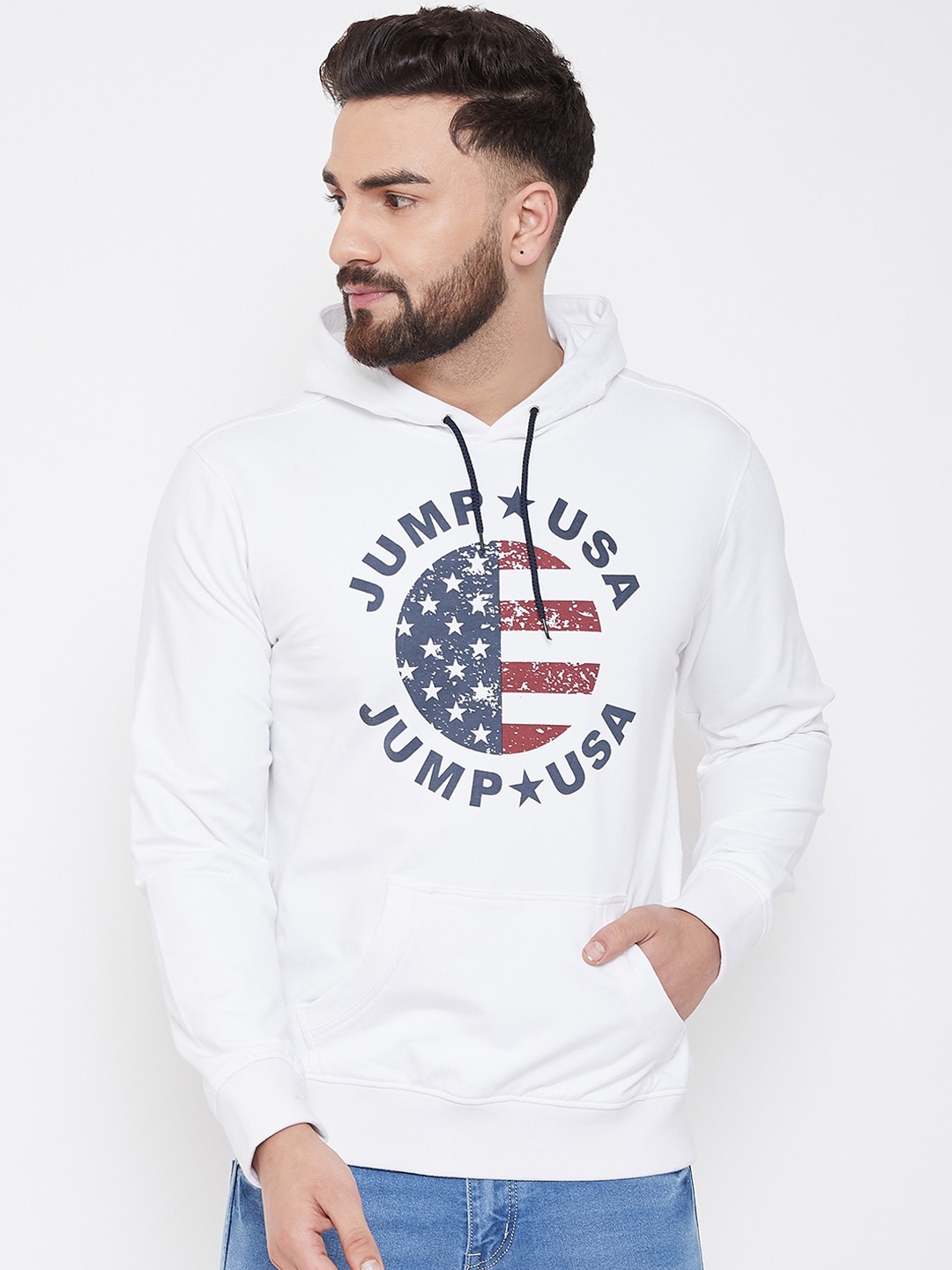 

JUMP USA Men White Printed Hooded Sweatshirt