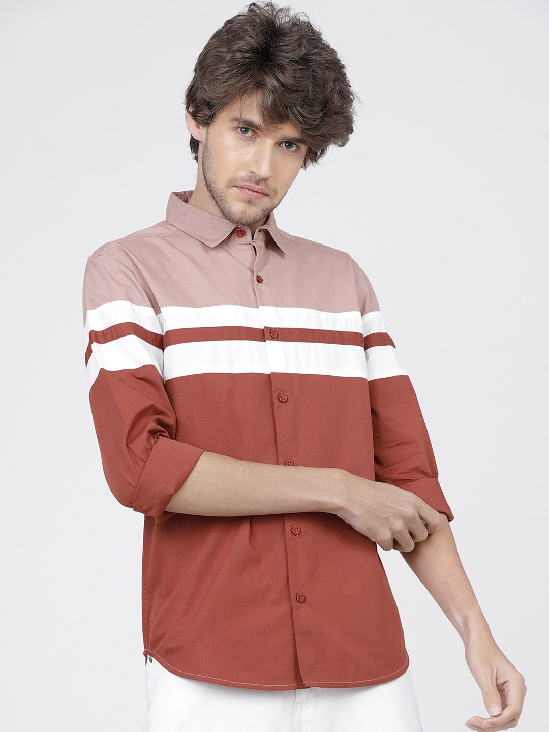 

HIGHLANDER Men Pink Slim Fit Horizontal Stripes Opaque Striped Casual Shirt
