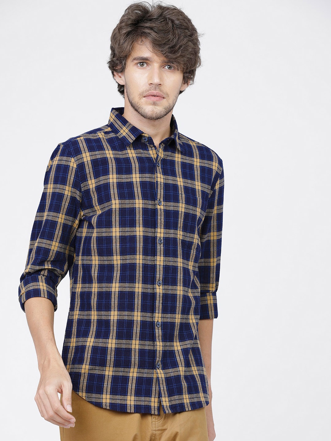 

HIGHLANDER Men Navy Blue Slim Fit Tartan Checks Opaque Checked Casual Shirt