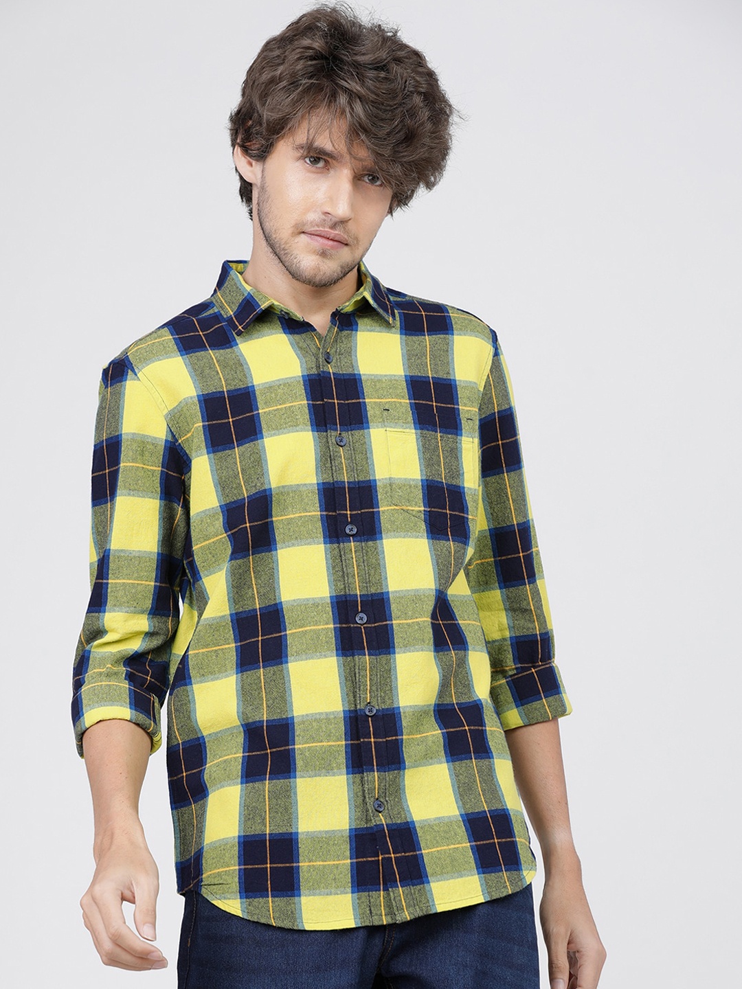 

HIGHLANDER Men Yellow Slim Fit Tartan Checks Opaque Checked Casual Shirt