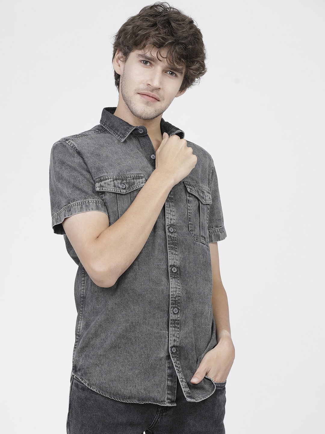 

HIGHLANDER Men Grey Slim Fit Faded Opaque Faded Casual Shirt