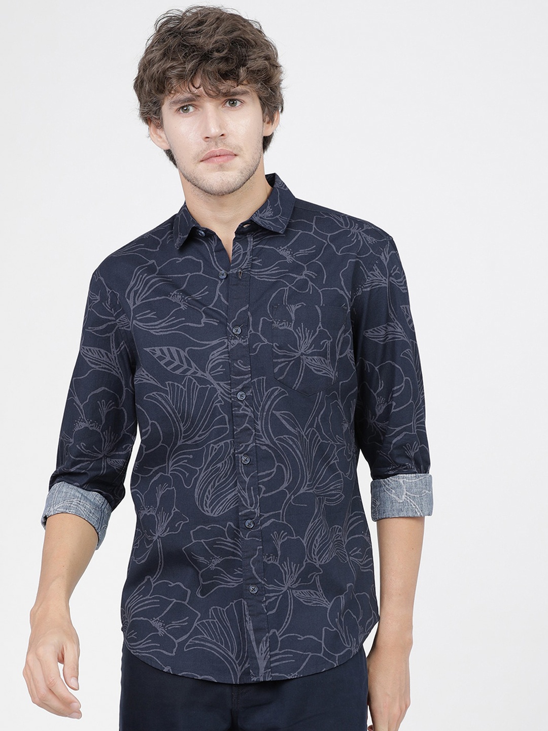 

HIGHLANDER Men Navy Blue Slim Fit Floral Opaque Printed Casual Shirt
