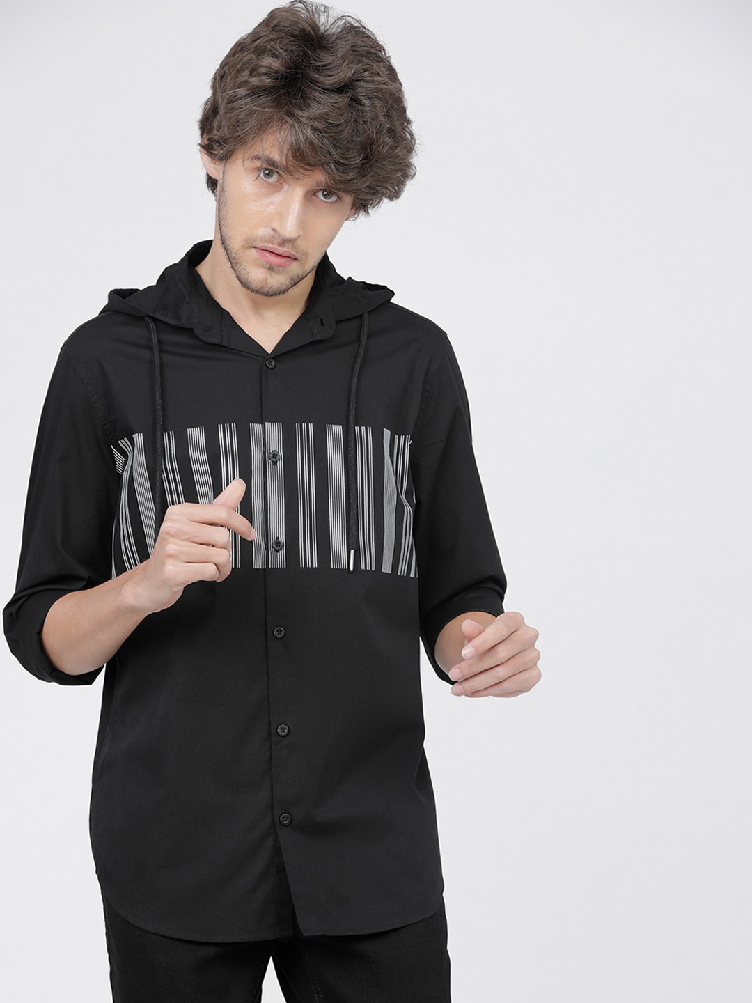 

HIGHLANDER Men Black Slim Fit Opaque Striped Casual Shirt