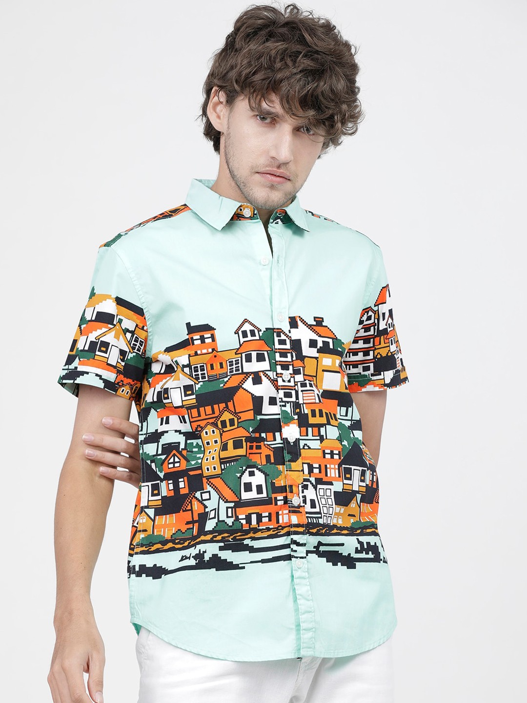 

HIGHLANDER Men Green Slim Fit Opaque Printed Casual Shirt
