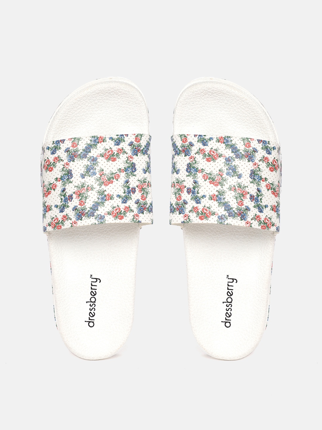 

DressBerry Women White & Blue Floral Print Perforated Sliders