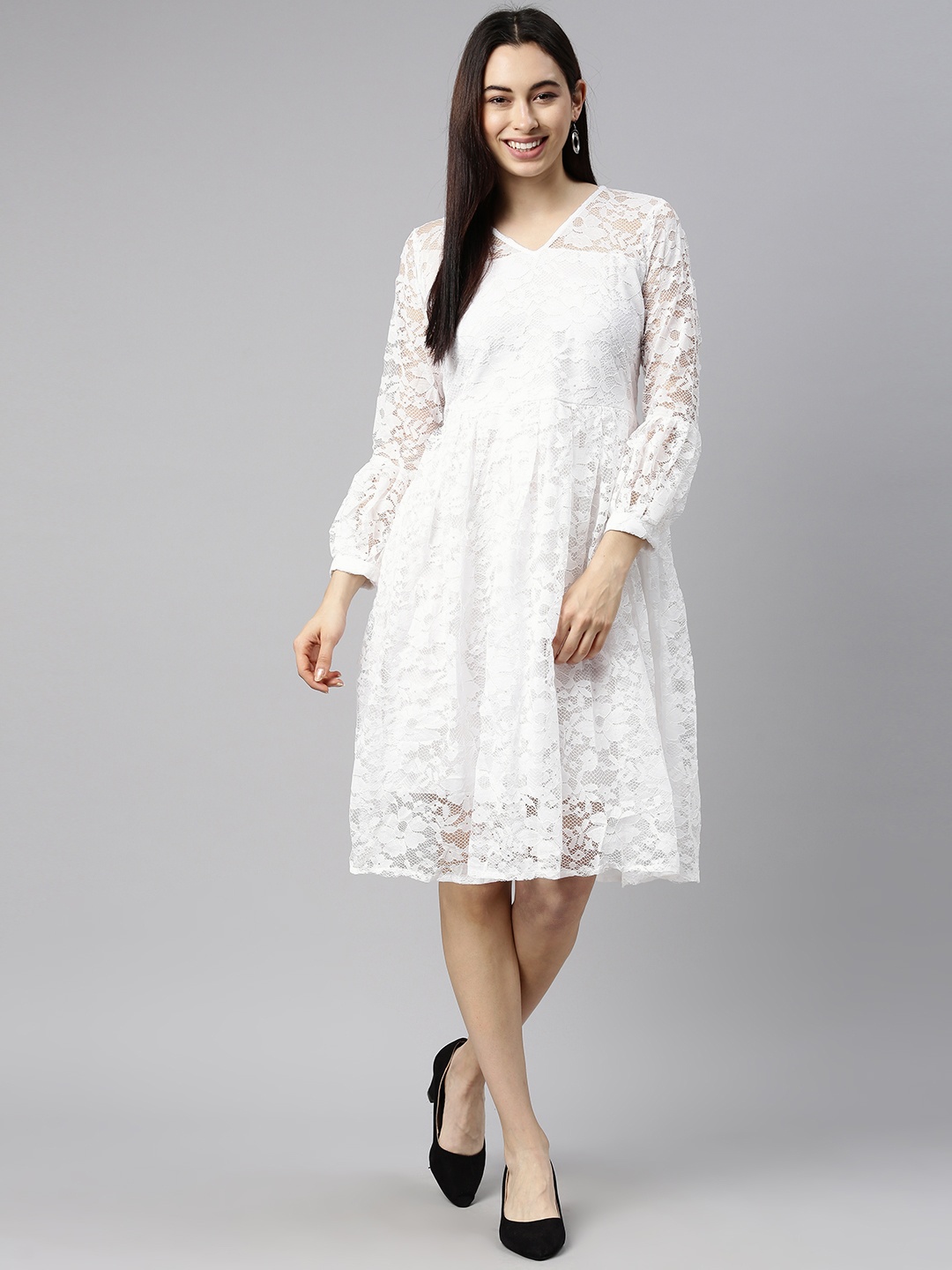 

Selvia White Self-Design Floral Net Dress