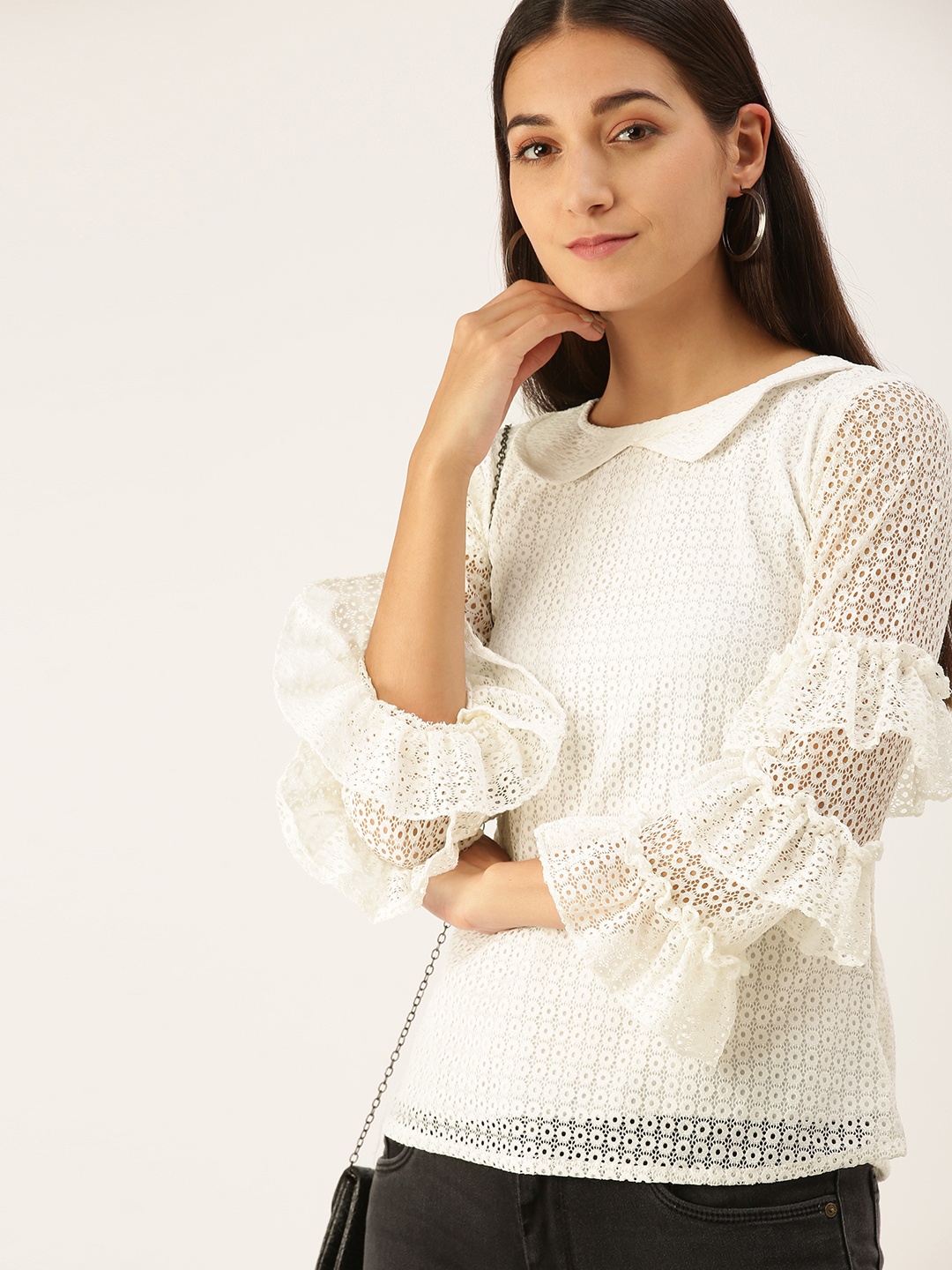 

Selvia White Ruffles Sheer Net Regular Top