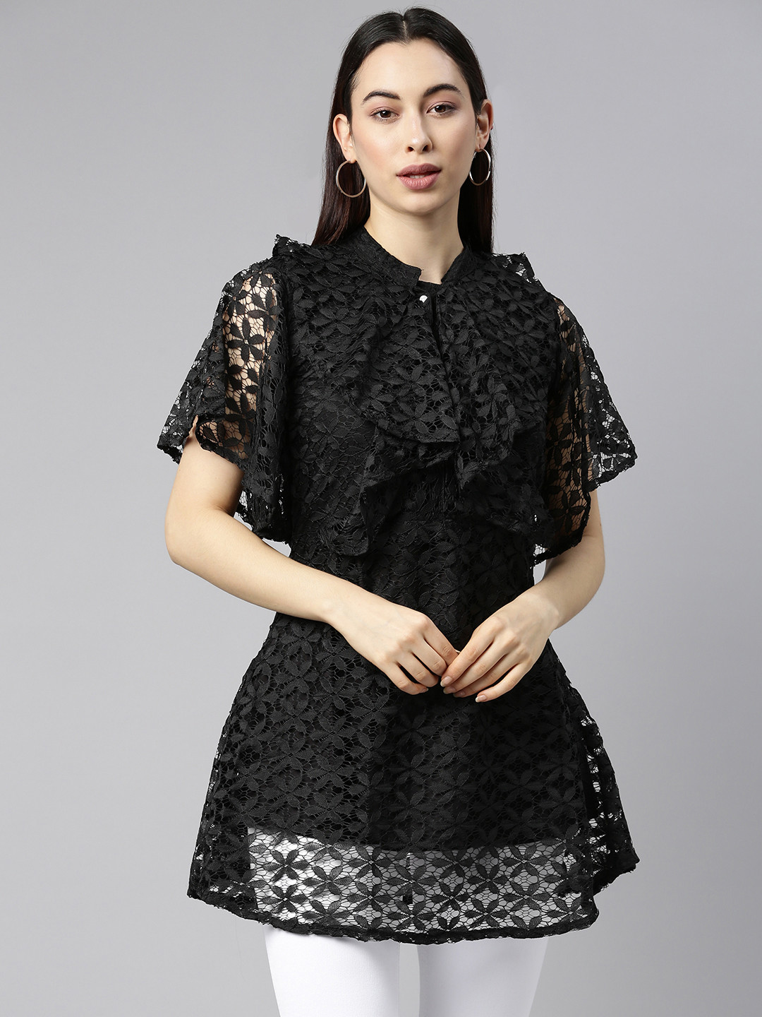

Selvia Black Embellished Choker Neck Ruffles Net Cape Top