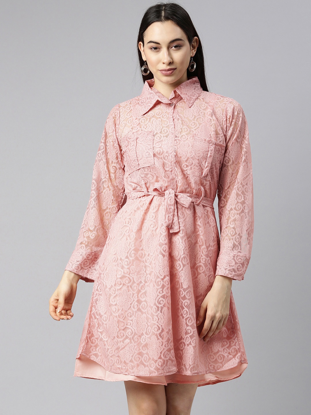 

Selvia Peach-Coloured Floral Net Shirt Dress