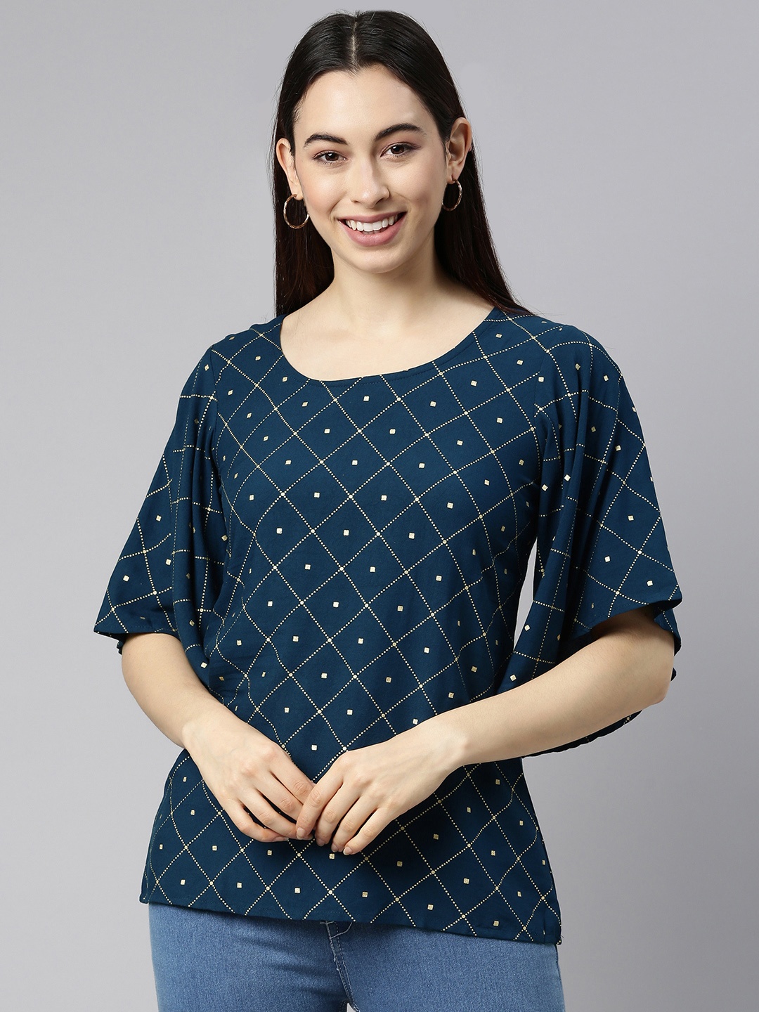 Selvia Teal Geometric Regular Top