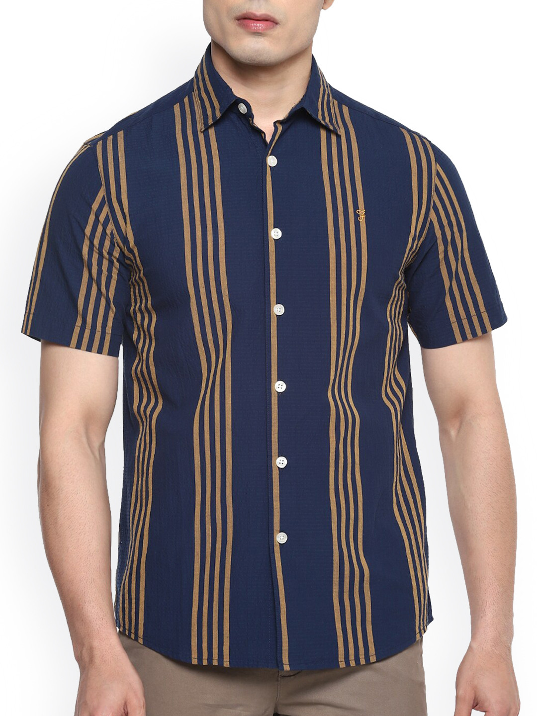 

Farah Men Navy Blue Opaque Striped Organic Cotton Casual Shirt
