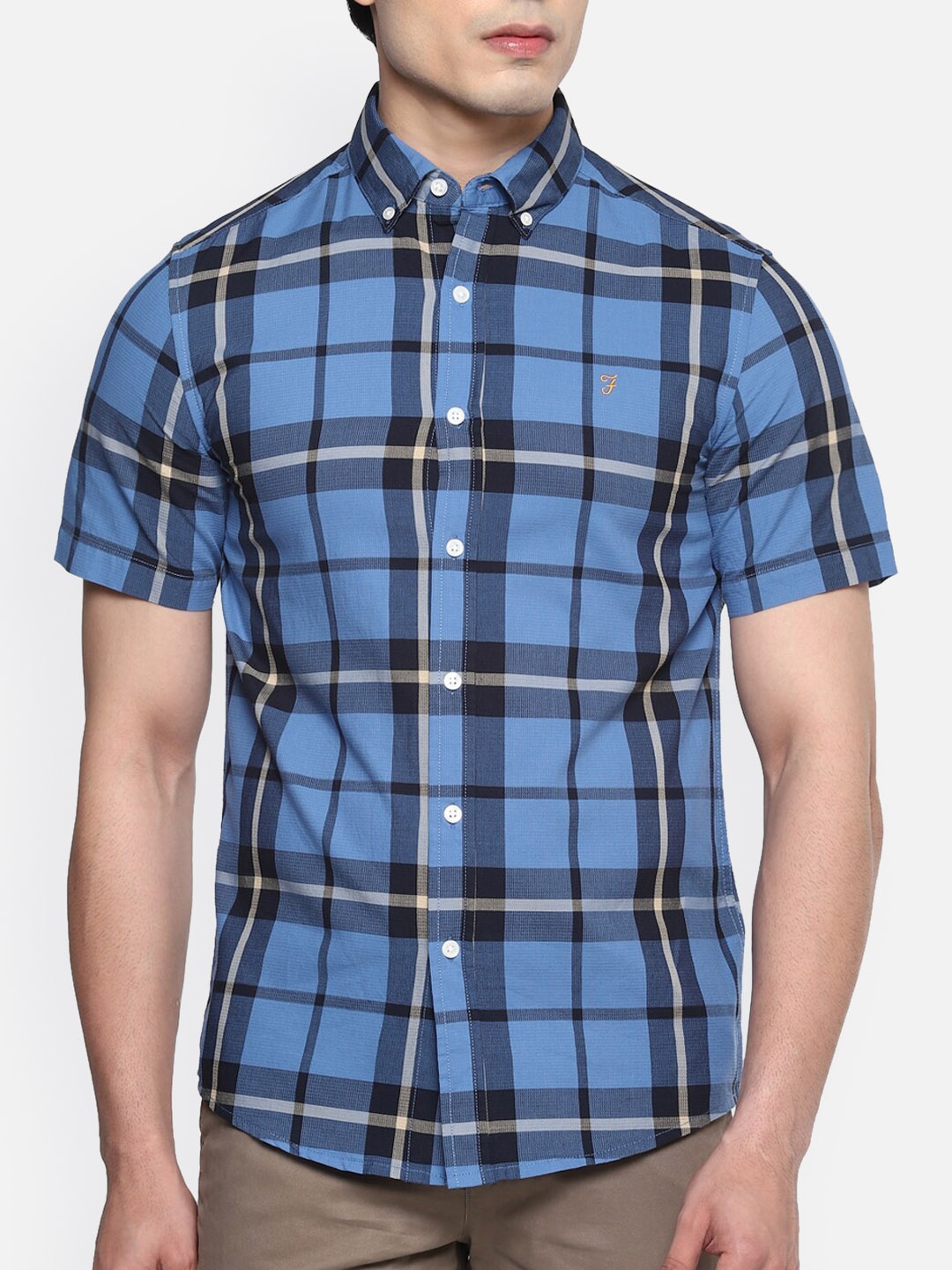 

Farah Men Blue Windowpane Checks Opaque Checked Casual Shirt