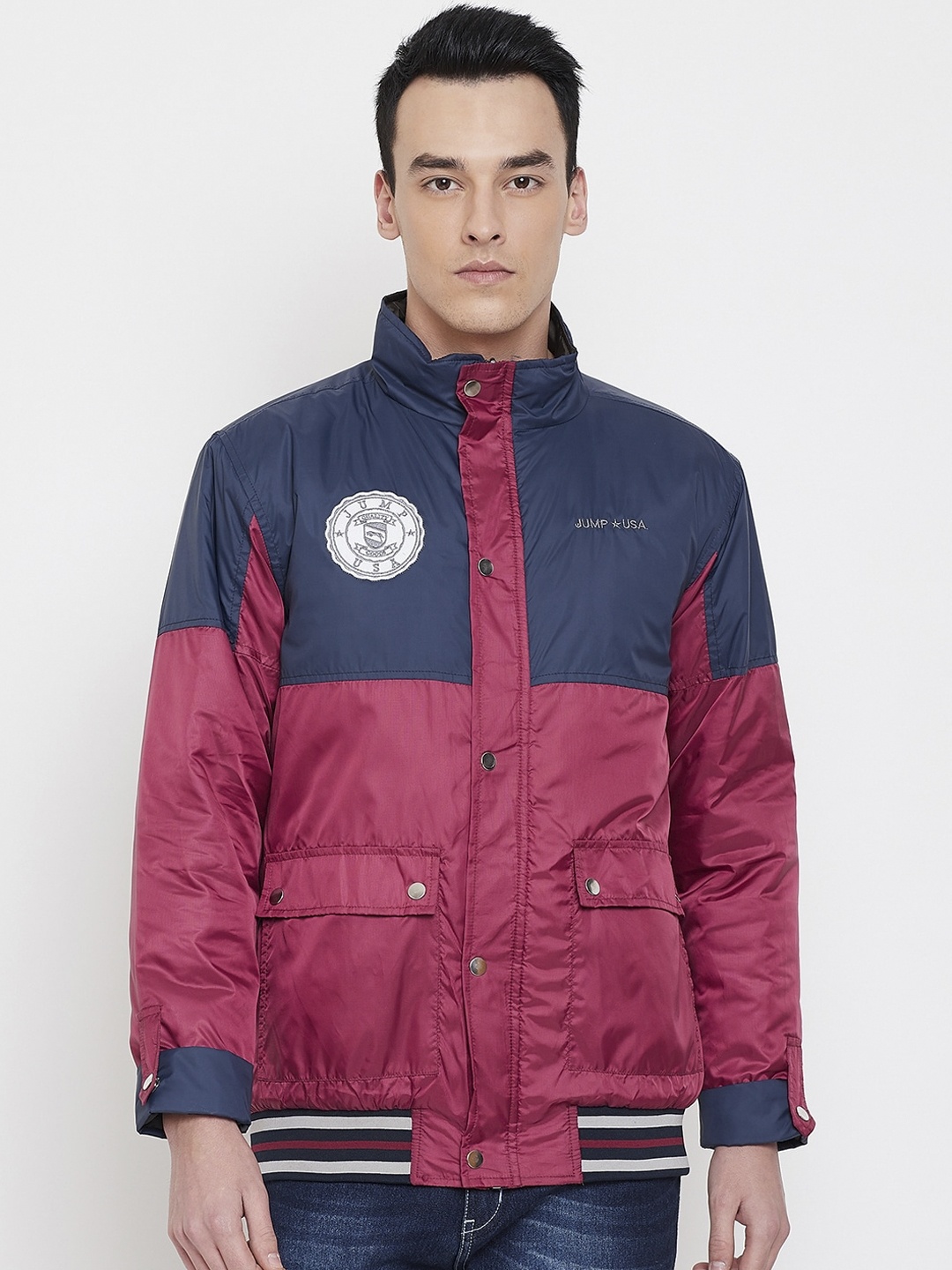 

JUMP USA Men Navy Blue & Maroon Colourblocked Bomber Jacket