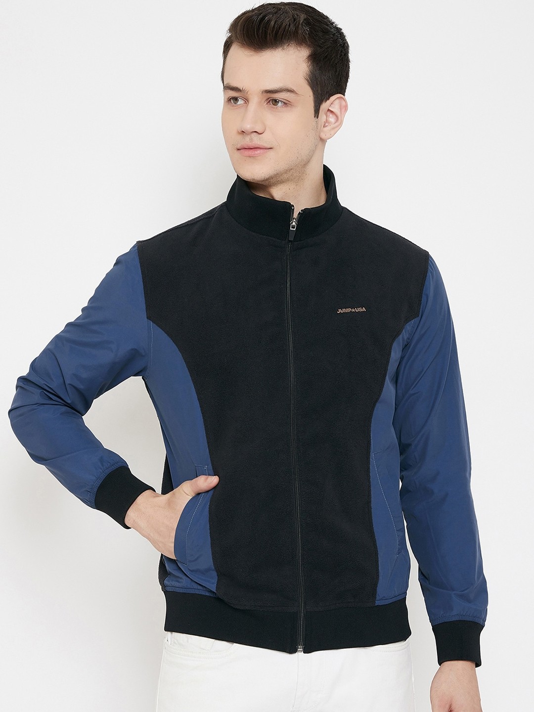 

JUMP USA Men Blue Colourblocked Water Resistant Bomber Jacket