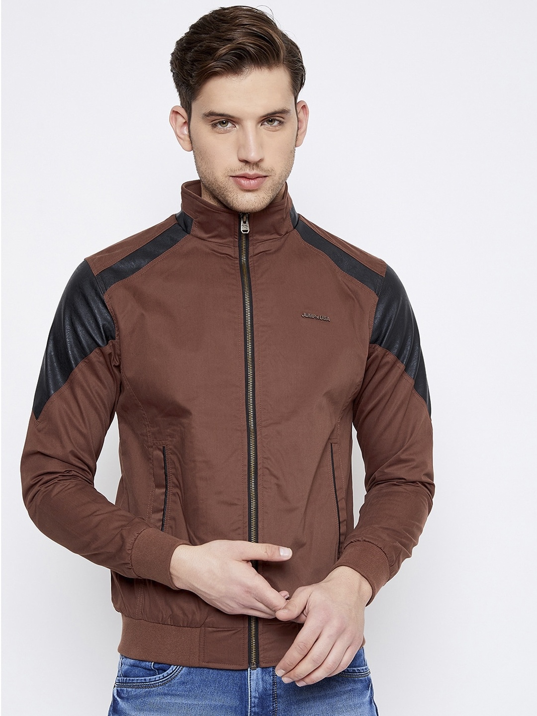 

JUMP USA Men Brown Black Biker Pure Cotton Jacket