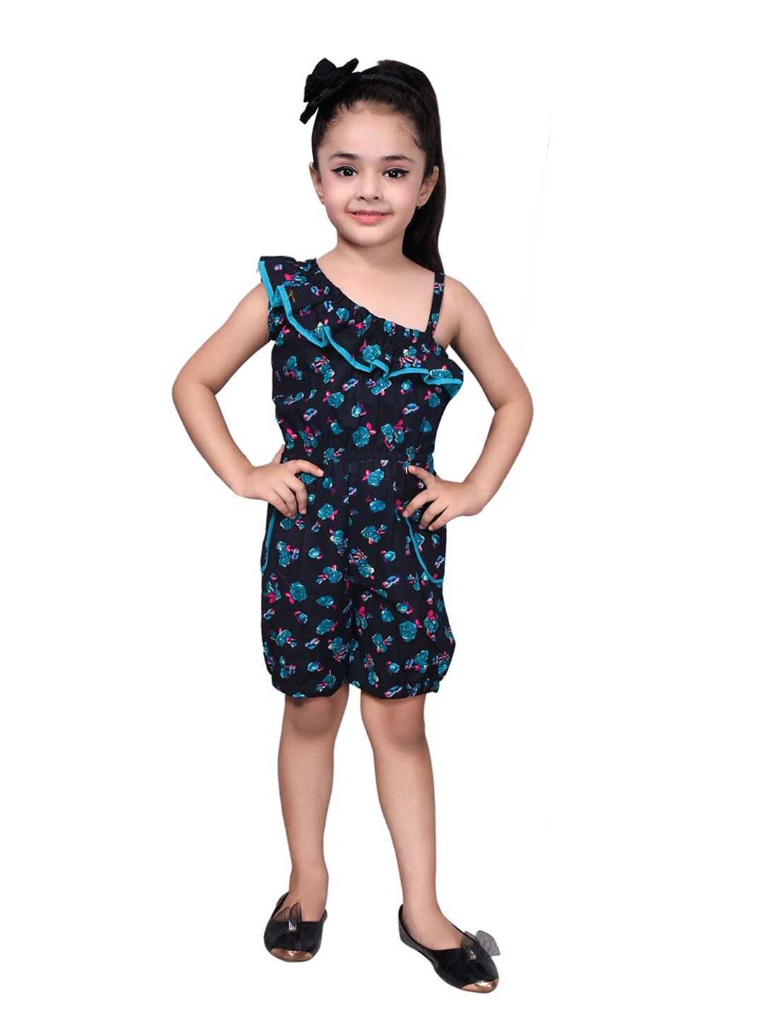 

SKY HEIGHTS Girls Blue & Black Printed with Ruffles Jumpsuit