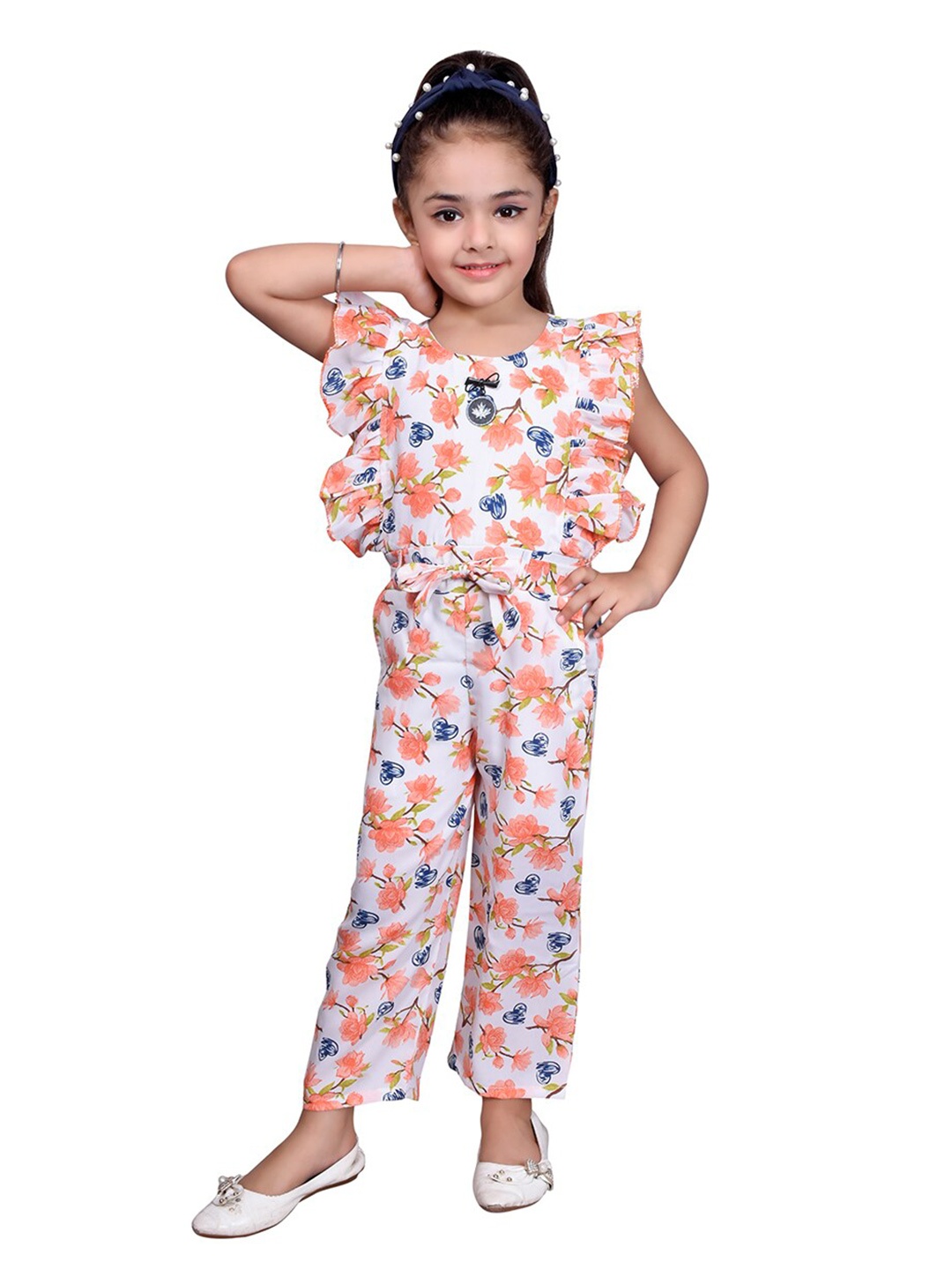 

SKY HEIGHTS Girls White & Orange Printed Basic Jumpsuit